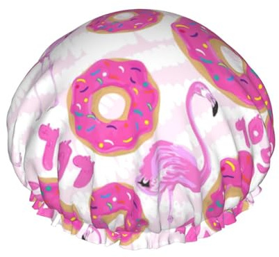 YHBLYKXP Flamingo- und Donuts-Druck, verstellbare doppellagige Duschhaube, wiederverwendbare Damen-Duschhaube für Spa-Salons