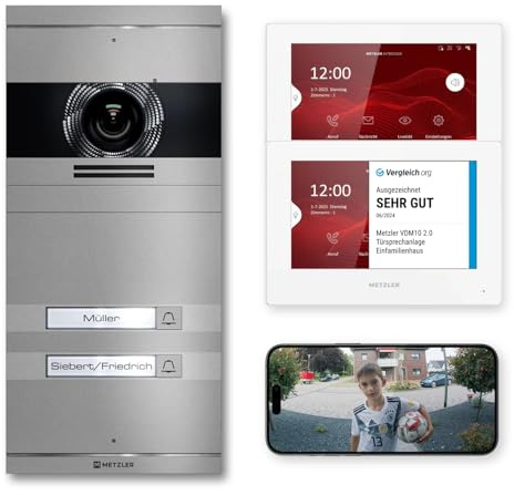 Metzler VDM10 2.0 Video Sprechanlage Komplett Set mit austauschbarem Namensschild - Anschluss LAN/POE - Türsprechanlage mit HD-Kamera und Bildschirm für 2 Familienhaus, in Grau aus V2A Edelstahl