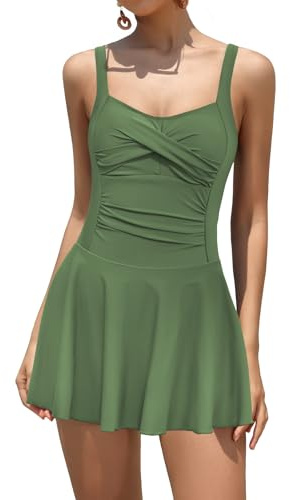 SHEKINI Maillot de bain une pièce à jupe torsadée sur le devant pour femme - Robe de bain rembourrée rétro avec short, Vert olive, M