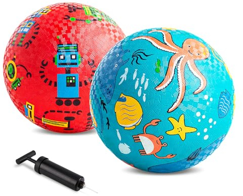 INPODAK 2 Pack Playground Ball 8.5Inch Childrens Ball Set Rubber Kids Balls for Age 3+ No-slip Inflatable Kickerball With Handpump Indoor Outdoor Activity Balls Easter Birthday Gifts for Boys Girls