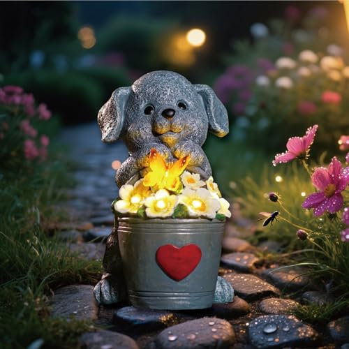 yiilead 17cm Solar Hund Gartendeko,Hund Gartenfiguren mit Schmetterlinge für außen,Geschenke für Frauen,Einzigartige Housewarming für Mütter, Liebhaber Geschenke