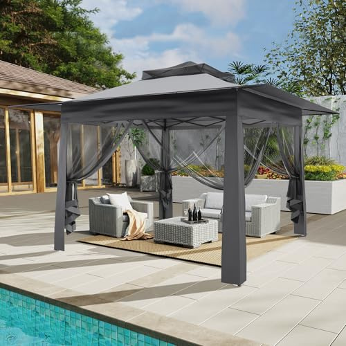 ZealWe Pavillon 3x3m, Pop up Faltpavillon, Gartenpavillon mit 4 Moskitonetz, Wasserdicht, Stabil, Höhenverstellbar, Doppeldach Partyzelt UV-Schutz 50+, Faltber Gartenzelt mit Tasche für Garten, Grau