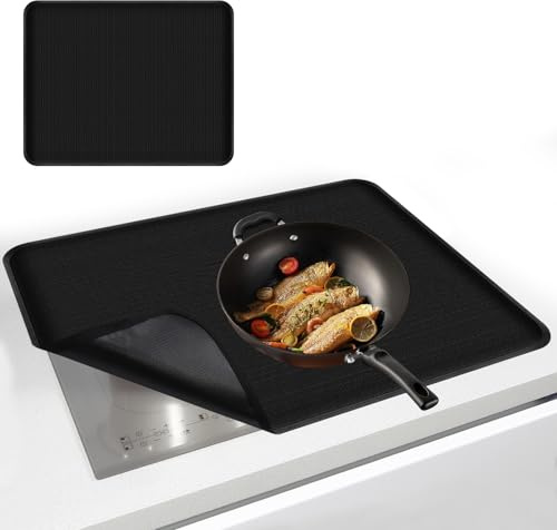 OMJMYY Induktion Schutzmatte Silikon - 52x60cm Hitzebeständig bis 300°C, Kratzfest & Wärmeisolierte Induktionskochfeld Matte für Induktionsherd (Rechteckig, Schwarz)