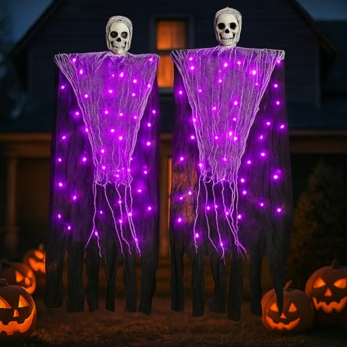 2 Pack Halloween Decorations Outdoor, Hanging Light Ghost Spooky Skeletons Decor Supplies, Haunted Creepy House Halloween Flying Decoration with Yard Tree Porch Garden Party Indoor Décor