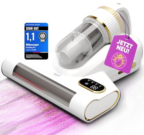 PureSleep Pro Milbensauger für Matratzen 3-in-1, UV-Licht, 10.000 Pa Saugkraft, XL-Akku 3500 mAh, extra Lange Laufzeit, Warmluft, Kabellos, HEPA Filter für Bett, Sofa & Allergiker (WeißXL)