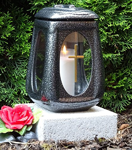 Grablaterne mit Sockel Massiv Keramik Silber mit Herz Kreuz 28,0 cm Grablicht Grablampe mit Sockel Grableuchte Grabschmuck Lampe Laterne Kerze Laterne Trauer Liebe Friedhof Grabdekoration