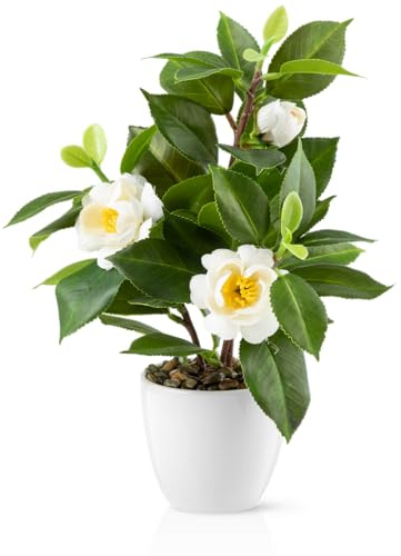 PASCH® Kamelie im Hochglanz-Keramiktopf | Kunstblumen im Topf | Künstliche Blumen wie echt | Fake Blumen | Kunstblumen wie echt (Camellia Japonica Weiß, 29cm)