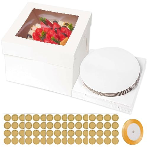 Tortenbox - 5Stk Tortenkarton Hoch Kuchenbox mit Sichtfenster + 5 Cake Board, 1Band &5 Aufklebern, Tortenschachtel Kuchen Karton Transport Torten Verpackung Weiß Kuchenbehälter(26 × 26 × 22cm)