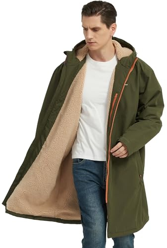 NORDIC OUTLAND Waterproof Winter Coat, Sherpa Lined Hooded Parka, Windproof Change Robe with 7 Pockets, Long Sleeve (UK, Alpha, L, Regular, Regular, Army Green)