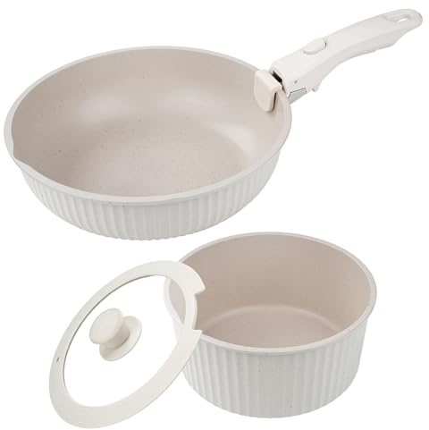 WPKD BLUEIY Lot de 3 Set de Casseroles et Poêles Antiadhésif,Casseroles et Poêles Antiadhésives avec Poignée Amovible,pour Induction,Électrique(22x22x15.5cm,Blanc)