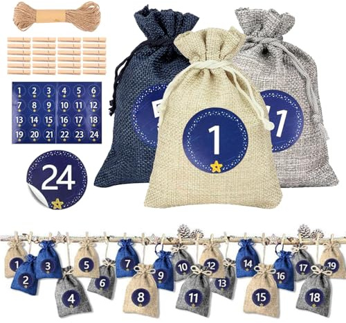 Duoleimi Calendario dell'Avvento fai da te da riempire Tessuto, 24 sacchetti del calendario dell'Avvento da riempire, calendario dell'Avvento da riempire con i numeri da 1 a 24