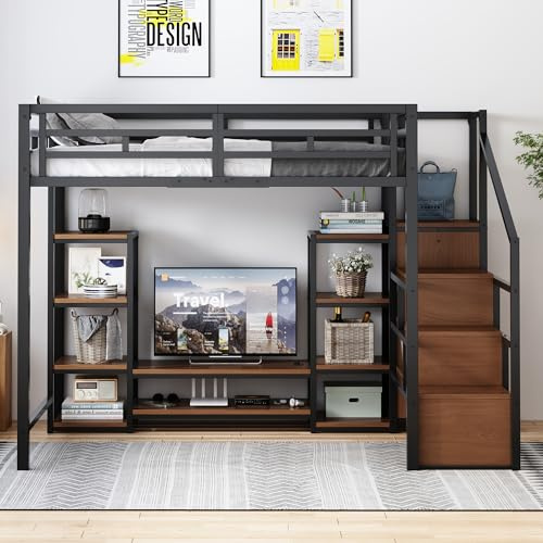 Dolamaní Letto a soppalco in metallo, 140 x 200 cm, con supporto TV, presa e scala di sicurezza, stabile, letto a castello per ragazzi e adulti, pratico ripiano (nero)