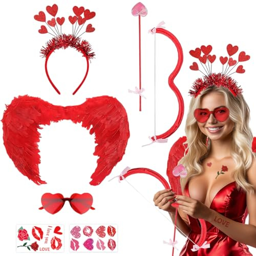Amor Kostüm Damen Set, 6 Stück Amor Kostüm Valentinstag Amor Kostüm | Amor Pfeil 60cm Amor Flügel Herz Haarreif Herz Sonnenbrille Gesichtstattoo,Kostüm Amor Karneval Fasching Valentinsta