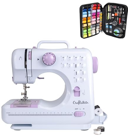 Crafts&Co® Nähmaschine & Nähset Combideal | Mini-Nähmaschine für Anfänger mit 12 Stichen | Nähset mit 24 Farben Garn & Zubehör | Weiß-Lila