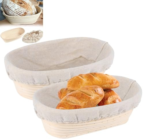 2 Stück Gärkörbchen oval, Gärkorb zum Brotbacken, Ovale Handgeflochtener Brotgärkorb Mit Innenfutter Für Haushaltsbäckerei Brot und Brotteig Brot Backen Zubehör