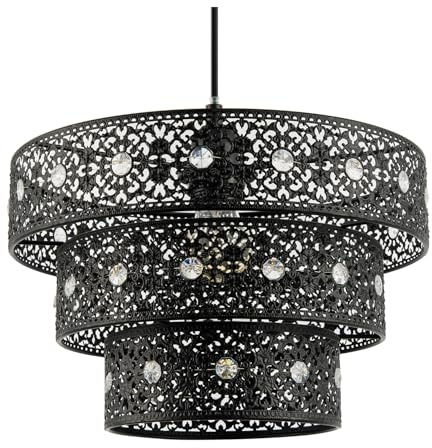 Traditional Matte Black Acrylic Gem Moroccan Style Triple Tier Ornate Pendant Light Shade with Transparent Sparkly Beads | 30cm Diameter by Happy Homewares
