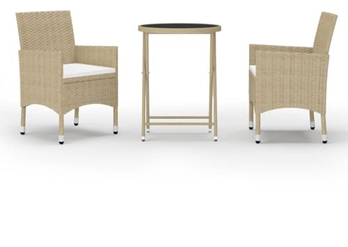 Qnhdfrt 3-TLG. Bistroset Gartenmöbel-Set aus Polyrattan, Klappbarer Gartentisch mit Hartglasplatte und 2 Stühle mit Sitzpolster für Balkon, Terrasse und Garten, Beige