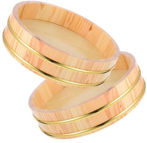 LIFKICH 2pcs 10.4 Inch Wooden Sushi Rice Mixing Bowls with Elegant Gold Edged Craftsmanship, Reusable Round Hangiri Buckets for Sushi Making Tool Use at Home Party