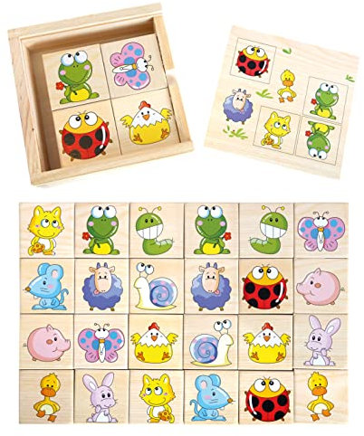 Bino Memory Tiere Kindermemory aus Holz Suchspiel für Kinder ab 8 Monate (24-Teilig, 12 verschiedene Tiermotive, besonder robust, Holzkasten mit Schiebedeckel, Maße: 12 x 4,5 x 12 cm), Bunt, 84167