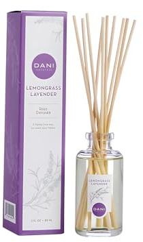 DANI Natural Reed Diffuser Set Naturals - Calming Lavender Lemongrass Scented - Aromatherapy Essential Oils - Alcohol Free - 10 Diffuser Sticks - 3.5 Ounce Glass Bottle