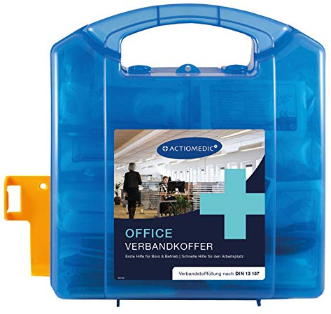 ACTIOMEDIC Erste-Hilfe-Kasten fürs Büro DIN 13157:2021 I Mobiler & stationärer Verbandskasten inkl. Wandhalterung zur Aufbewahrung I Mehrsprachige Beschriftung, visuelle Hilfsmittel, blau, 29x10x28 cm