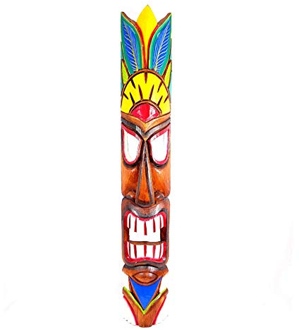 Artisanal Maschera grande in legno Tiki h100 cm, motivo piume colorate decorazione hawaii Maori