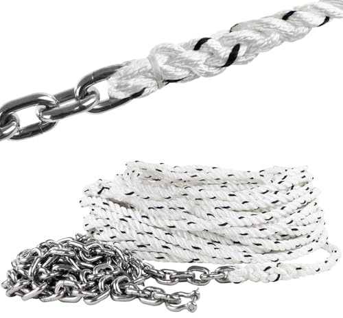 Five Oceans Windlass Anchor Rode, Hand-Spliced Anchor Rope and Chain Combination Kit, 1/2 x 100' Nylon 3-Strand Rope, 1/4 x 10' G4 Stainless Steel Chain for Boat Anchor System - FO4526