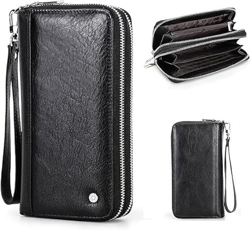 Contacts Herren Echtleder Clutch Business Travel Double Zip Around Geldbörse 4 Zwischenschichten Vintage Lange Geldbörse mit Handgelenkwickel (Schwarz-MC1018)