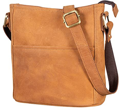 LEABAGS Leder Handtasche Damen I Premium Echtleder Umhängetasche I Damen Schultertasche I Damentasche I Tragetasche für Arbeit Uni Schule Freizeit I Größe L (31 x 23 x 6 cm) I Nature Hellbraun