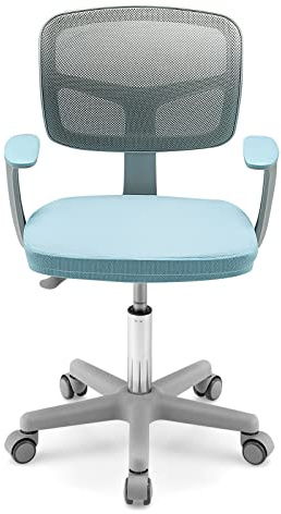 GYMAX Kids Desk Chair, Height Adjustable Children Swivel Chair with Armrests, Wheels & Removable Seat Cushion, Child Study Chair for Girls Boys (Blue+Grey)