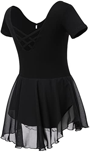Soudittur Vestito Costume da Balletto Manica Corta Body Danza Classica Ginnastica Artistica Balletto Leotard con Chiffon Gonna per Bambina e Ragazze (120, Nero)