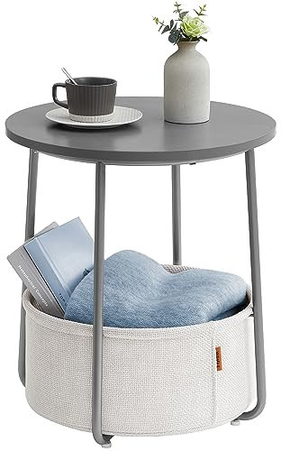 VASAGLE Beistelltisch rund, Kleiner Tisch, Couchtisch klein, Wohnzimmertisch, Korb aus Stoff, Stauraum für Wohnzimmer Schlafzimmer, Nachttisch modern, zementgrau-cremeweiß LET223G49