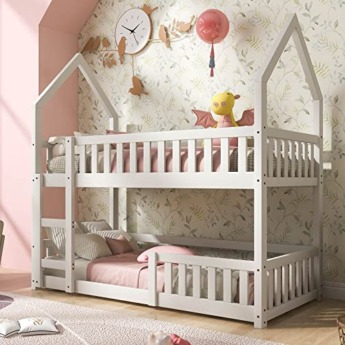 BTM Kids Bunk Bed, Solid Wood Frame 3FT Single, Twin Sleeper With Ladder, Gaming Castle-Shaped 90 x 190 cm Children's Room Furniture, Wooden (White)