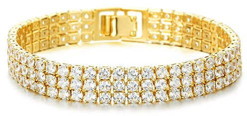COOLSTEELANDBEYOND Funkelnd Damen Drei Reihen Kristall Strass Cluster Zirkonia Pflastern Pave Goldfarben Armband Bettelarmband