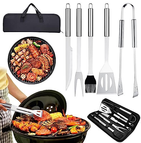 GWHOLE Set Barbecue,5 Utensili Barbecue Attrezzi BBQ Posate in Acciaio Inossidabile Utensili per Grill con Valigetta, Kit Barbecue Barbecue Accessori per Natale, Compleanno, Uomo