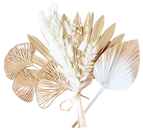 The Baked Studio - Dried Flower Cake Topper Set With Dried Palm Spear and Sun Palm Leaf and Ginkgo Leaves For Cake Decorating (White & Gold Set)