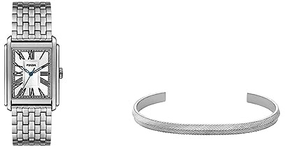 Fossil Herrenuhr Carraway und Harlow Manschettenarmband - Dreizeigerwerk, Edelstahluhr und Edelstahlarmband mit linearer Textur