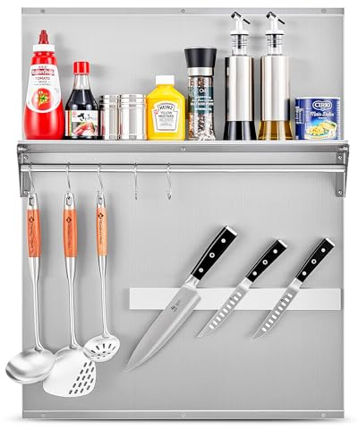 Wilprep Range Backsplash, 24x30 Stainless Steel Backsplash with Storage Shelf & Magnetic Knife Rack, Range Hood Stainless Steel Backsplash for Stove, Range Hood Wall Shield with Pre-Drilled Holes…