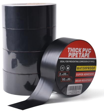 TAPEBEAR Cinta Selladora de Tubería Impermeable para Plomería, 30m x 50mm Cinta Aislante Negro, Cinta Tapa Fugas Agua, Cinta Adhesiva para Fugas de Tuberías Reparación, 0,25mm Extra grueso, 5 Rollos