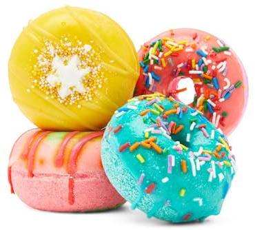 Fizz and Bubble, Donut Bath Fizzies (4-Pack) - Bath Bomb Set, Moisturizing for Dry Skin, Relaxing, Soothing, Handmade Gift Ideas for Her