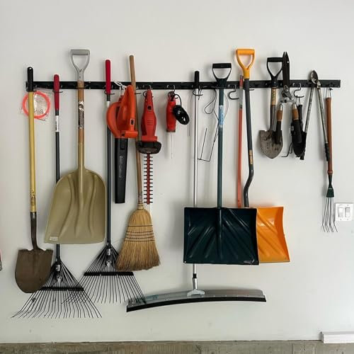 WellMade 64'' Adjustable Garden Tool Organizer, Garage Storage System Hooks, Wall Mount Tool Organization, Yard Tool Storage Rack, Shovel Broom Rake Holder, Black