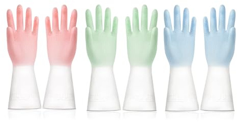 Donmnemb 3 Pairs Rubber Dishwashing Gloves for Household, Laundry Kitchen Waterproof No-Slip Dish Gloves (3Colors)