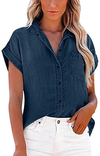 OBiQuzz Camisa vaquera para mujer, cuello de pico, blusa vaquera, manga corta, suave, vaquera, informal, chaqueta vaquera, chaqueta vaquera, camiseta de verano con bolsillos en el pecho, camisas