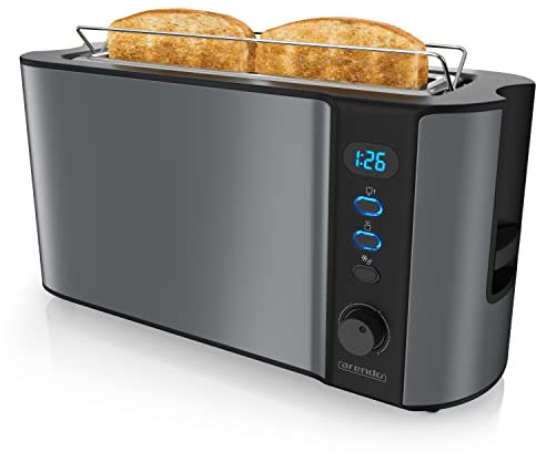 Arendo - Toaster Langschlitz - 2 Scheiben - Defrost Funktion - Wärmeisolierendes Doppelwandgehäuse - mit Brötchenaufsatz - herausziehbare Krümelschublade - Cool Grey Design