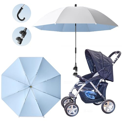 SQAQS UPF50+ Ombrellino Passeggino Universale Diametro 73cm Panno Ombrello Argento Titanio per Protezione UV, con Morsetto di Fissaggio Regolabile e Maniglia per Carrozzina e Passeggino (Blu)