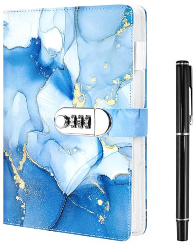 Diary with Lock, A5 PU Leather Journal with Lock 120 Sheets Password Locked Travel Notebook with Pen, A5 Fashion Password Book with Lock Diary Creative Handbook Student Note Book - Blue