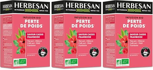 HERBESAN®- INFUSION PERTE DE POIDS BIO - Saveur Cassis Framboise - Fruité & Acidulé -Sans plastique- 100% plantes - 20 sachets en papier (Lot de 3)