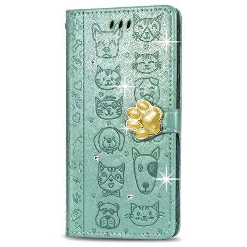 Handyhülle für Samsung Galaxy A16 Hülle Case Glitzer Strass Katze Hund Flip Cover PU Leder Tasche Book Flipcase Schutzhülle Handytasche Skin Ständer Klapphülle Schale Bumper Brieftasche Grün