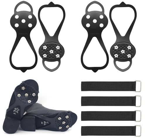 2 Pairs Ice Snow Grips for Boots and Shoes, VEGCOO Non-Slip Ice Snow Grippers Traction Cleats Crampons with 5 Studs, Anti Slip Ice Snow Spikes for Winter Ourdoor Walking Hiking Climbing Boots Shoes