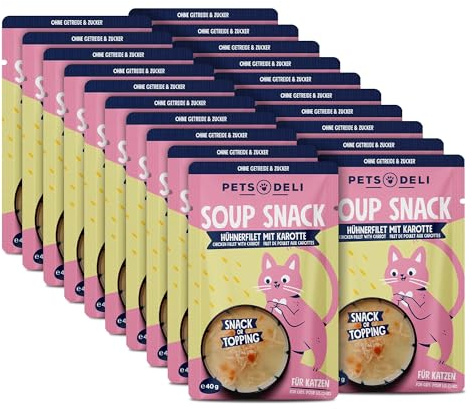 Pets Deli Suppe für Katzen mit Huhn & Karotte, 20x40g | Hoher Anteil Hühnerfilet, mit Karotte für pflanzliche Ballaststoffe, getreidefrei, ohne Zucker, Premium Qualität